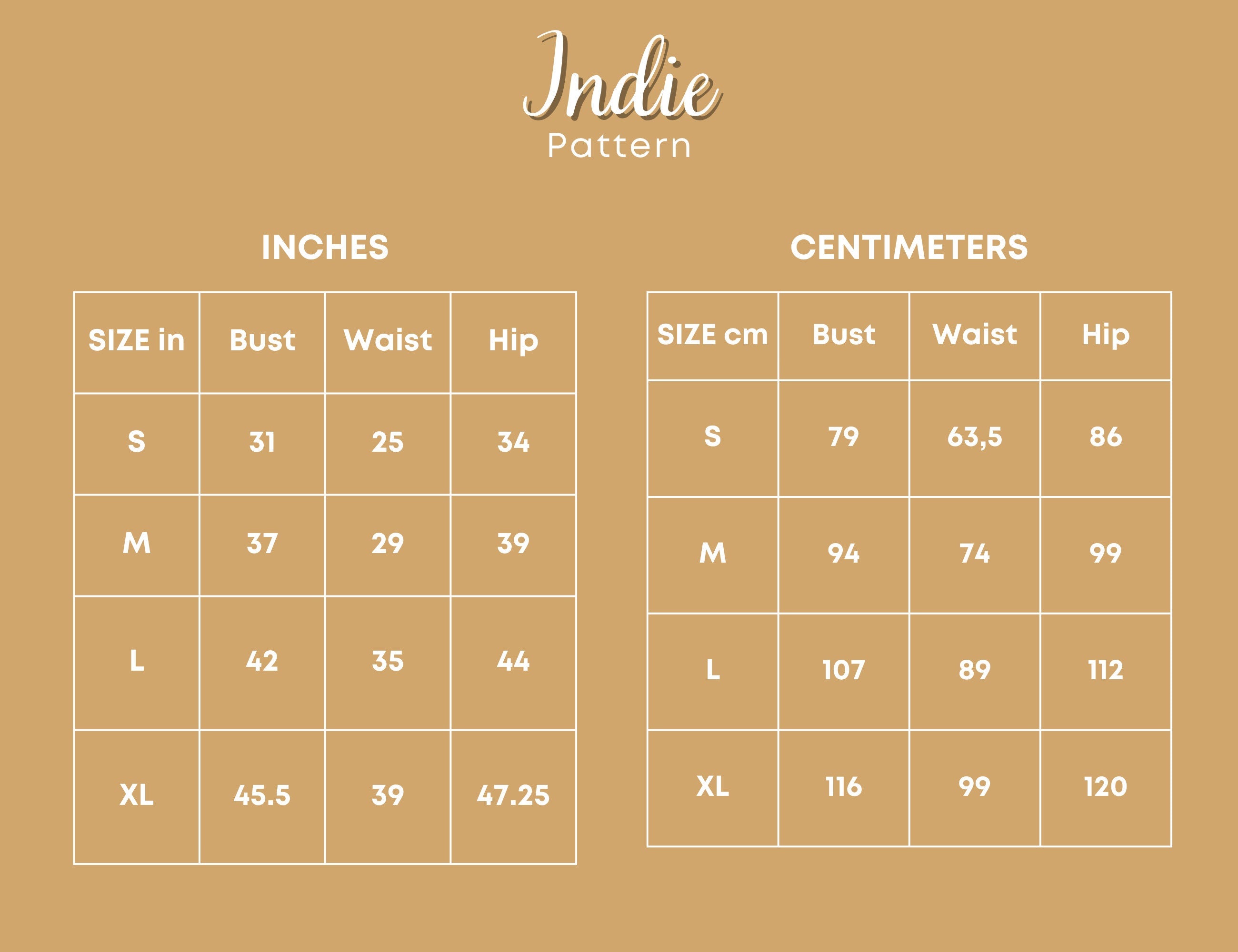 Size Chart of Vintage Dress at Indie Pattern in USA