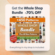 The image is an advertisement for a clothing store bundle that offers a 70% discount on patterns and a whole shop bundle. It features a collage of various clothing items and patterns, along with a call to action to "Get the Whole Shop Bundle" and a "Plus All New Patterns" offer. The ad also includes a "Beginner Friendly" rating and the assurance that everything in the shop is included.