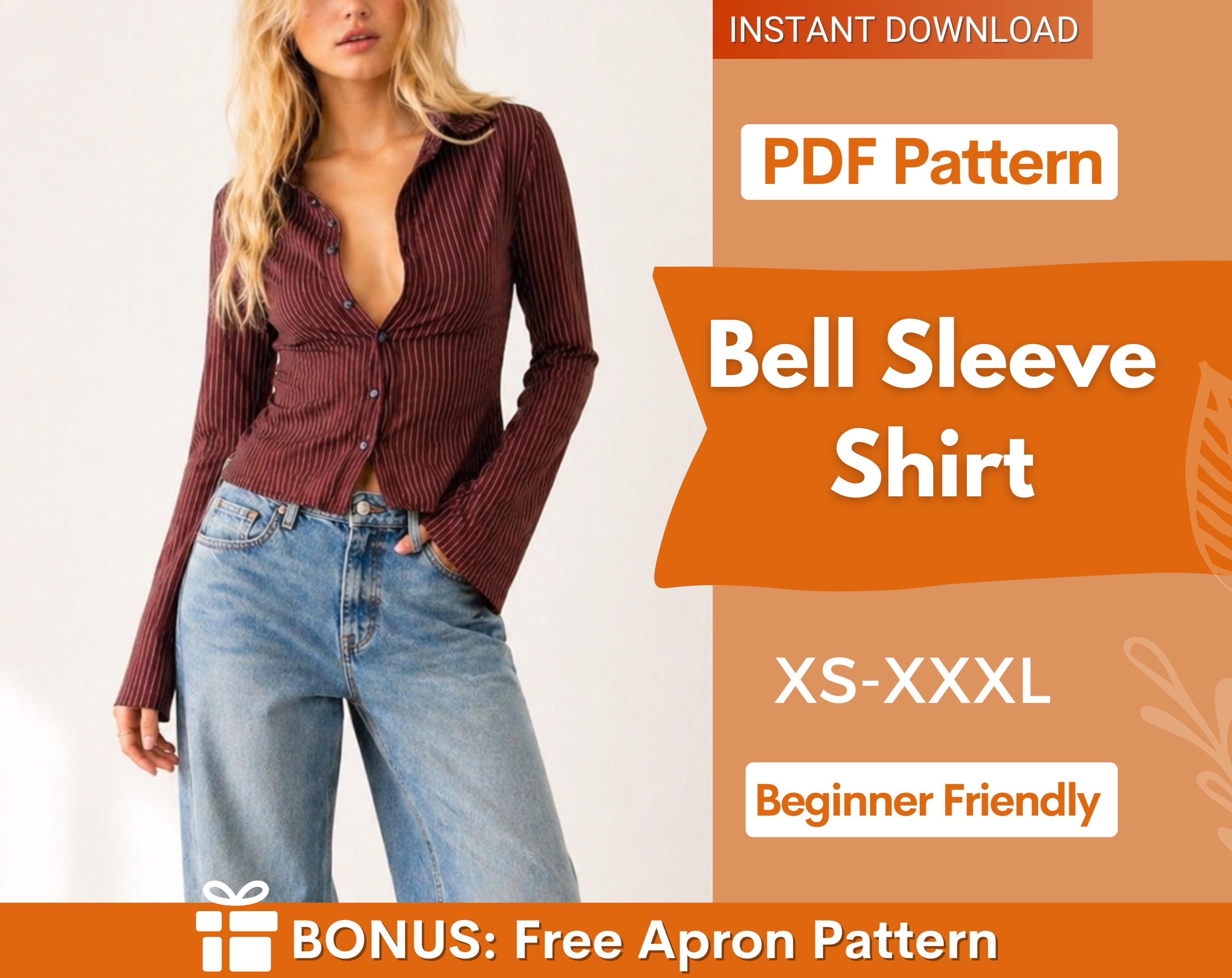 Fitted Bell Sleeve Shirt Pattern for Women, Flared Sleeves Shirt, Bell Sleeves Shirt Sewing Pattern, Button Up Shirt, Sewing patterns Women