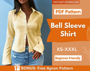 Shirt Pattern for Women, Flared Sleeves Shirt, Bell Sleeves Shirt Sewing Pattern, Button Up Shirt, Sewing patterns for Women, Blouse Pattern