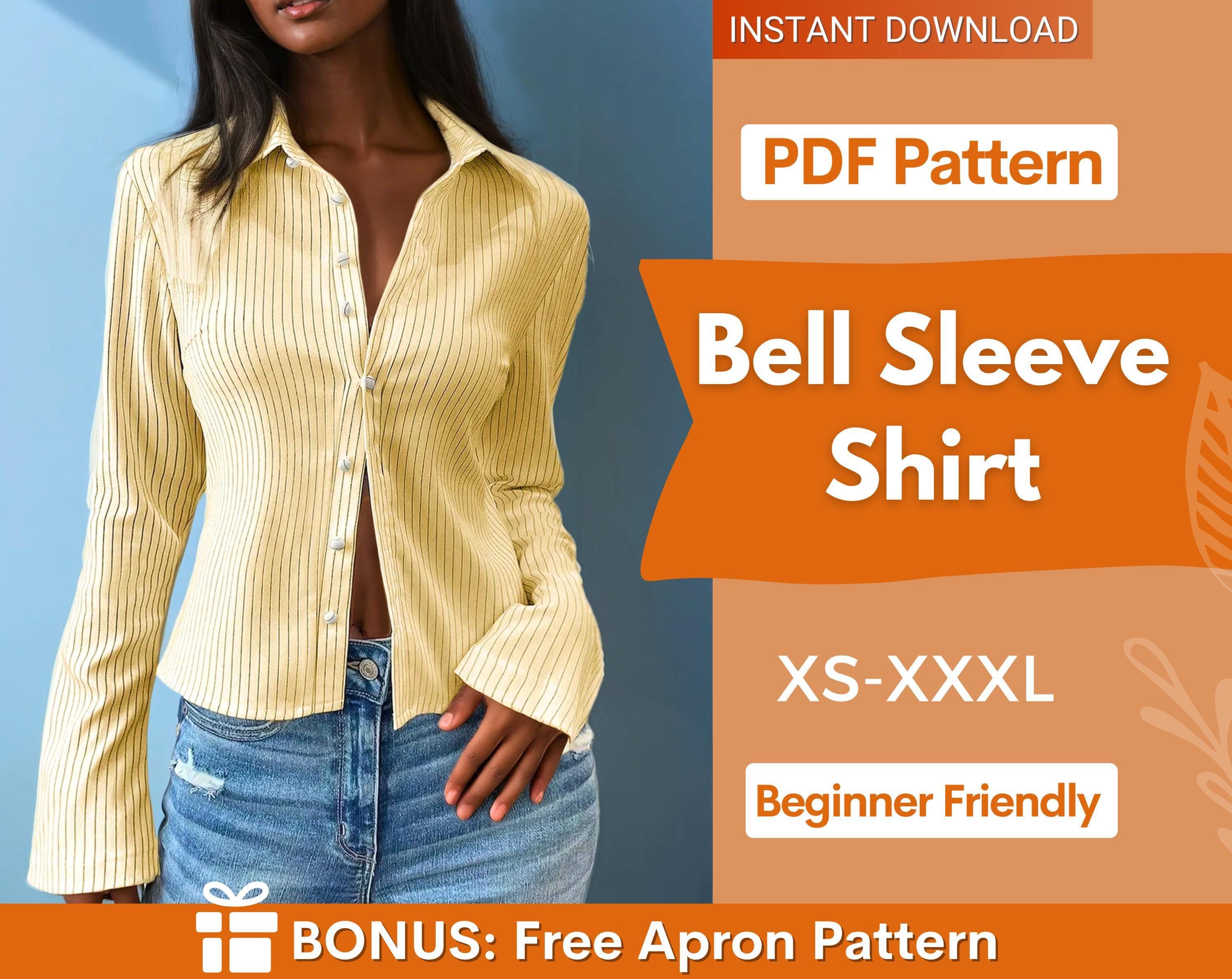 Shirt Pattern for Women, Flared Sleeves Shirt, Bell Sleeves Shirt Sewing Pattern, Button Up Shirt, Sewing patterns for Women, Blouse Pattern
