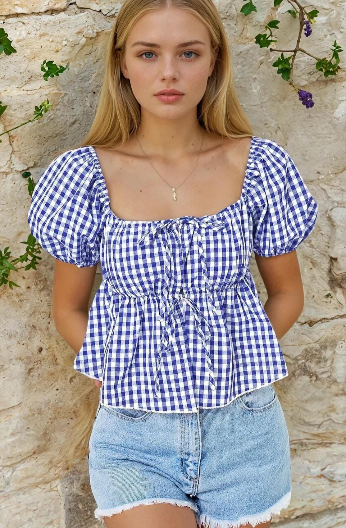 Peplum Top Sewing Pattern, Tie Front Blouse, Milkmaid Blouse Pattern, Puff Sleeve Top, Peplum Top, Peplum Blouse Pattern Women, Top Pattern