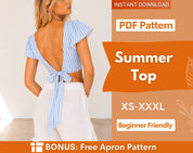 Tie Back Top Sewing Pattern | XS-XXXL| Summer Top Pattern | Top Pattern | Crop Top Pattern | Backless Top | Open Back Top, Easy pattern PDF