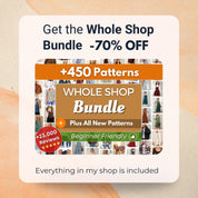 The image is an advertisement for a clothing store bundle that offers a 70% discount on patterns and a whole shop bundle. It features a collage of various clothing items and patterns, along with a call to action to "Get the Whole Shop Bundle" and a "Plus All New Patterns" offer. The ad also includes a "Beginner Friendly" rating and the assurance that everything in the shop is included.