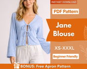 Jane Blouse Sewing Pattern | Tie Top Sewing Pattern | Women Sewing Pattern, Shirt Pattern, Top with front Ties, Women Blouse Top Pattern