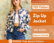 Zip Up Jacket Sewing Pattern | Women Jacket Pattern | Sewing Patterns | Coat Pattern | Women Sewing Pattern, Beginner Jacket, Quilted Jacket