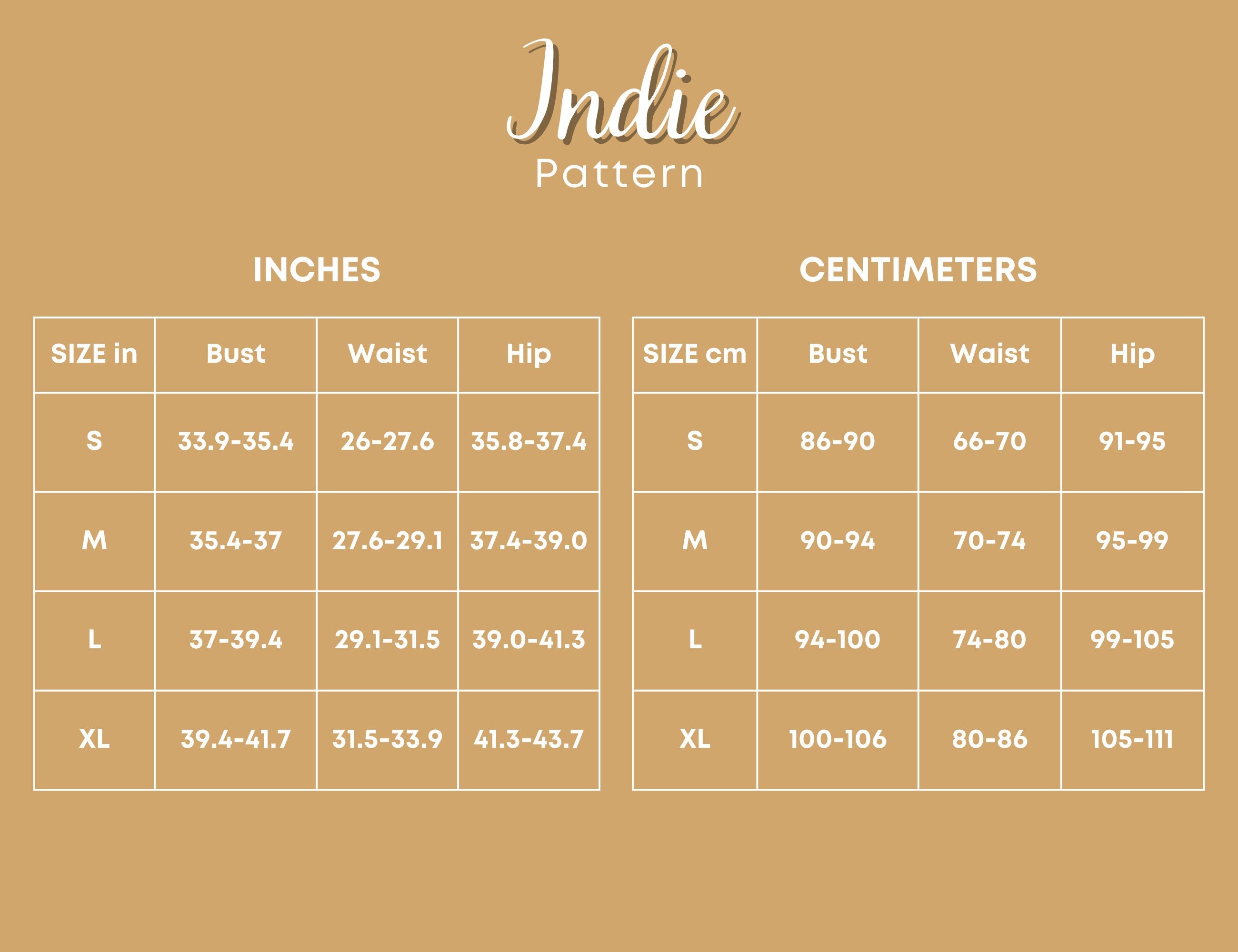 Size Chart of Flare Pants at Indie Pattern in USA
