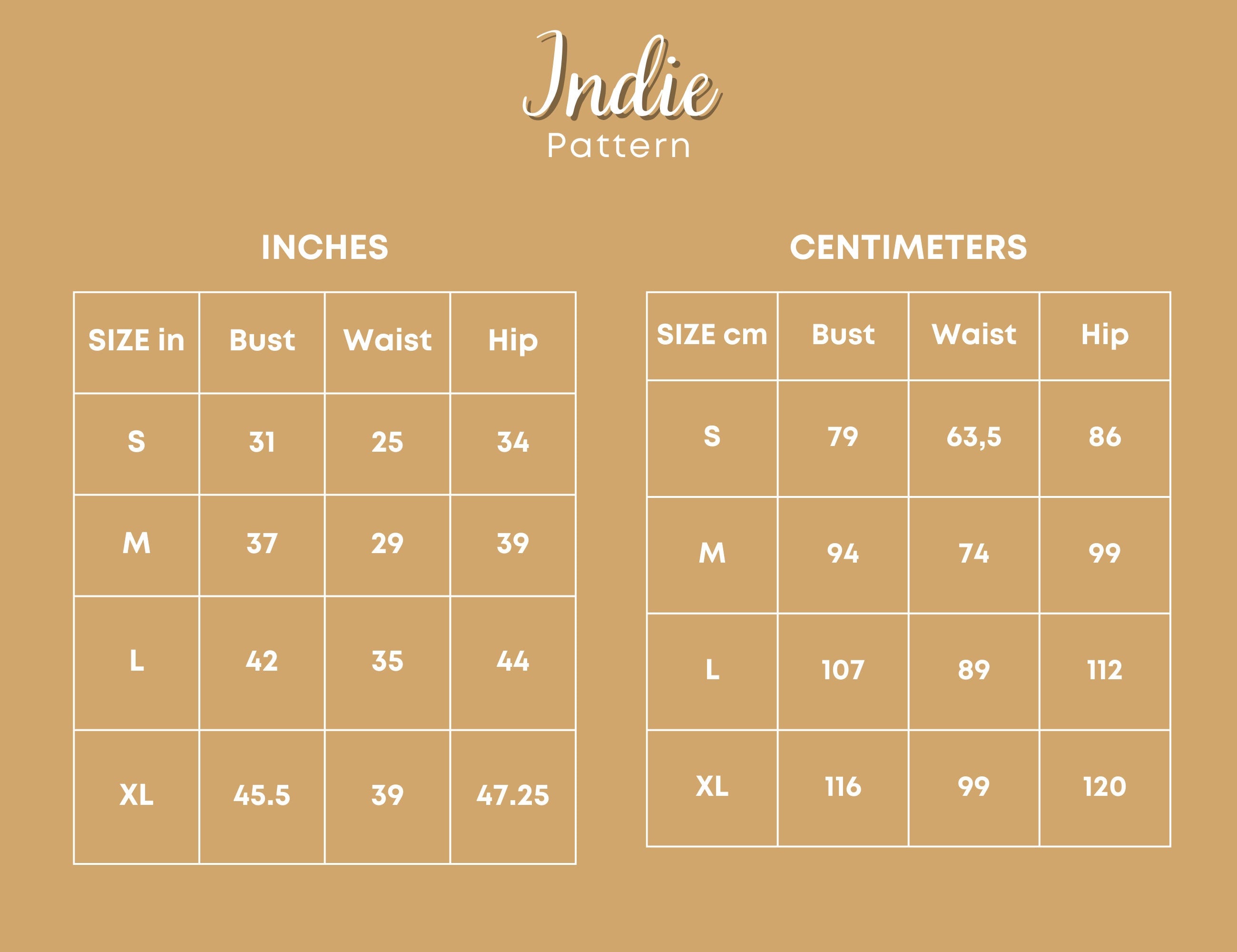 Size Chart of  Oversized Dress at Indie Pattern in USA
