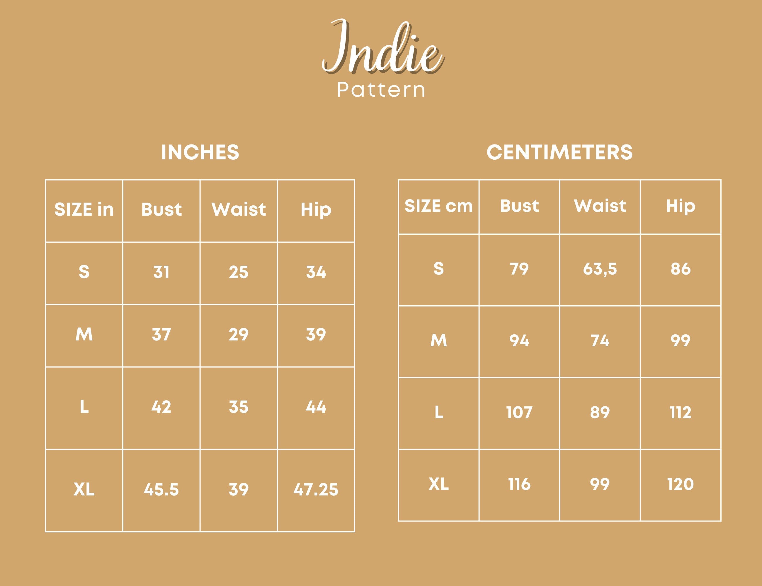 Size Chart of T-Shirt Dress at Indie Pattern in USA
