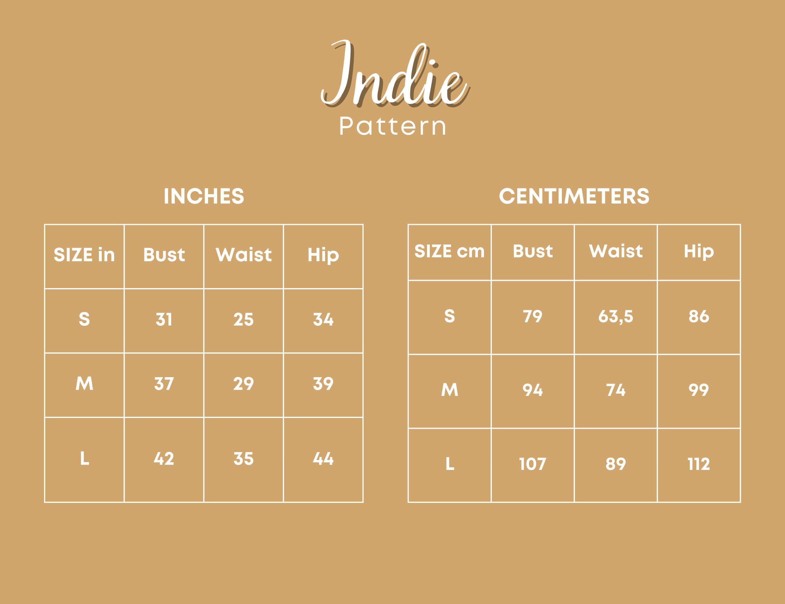 Size Chart of Easy Dress   at Indie Pattern in USA
