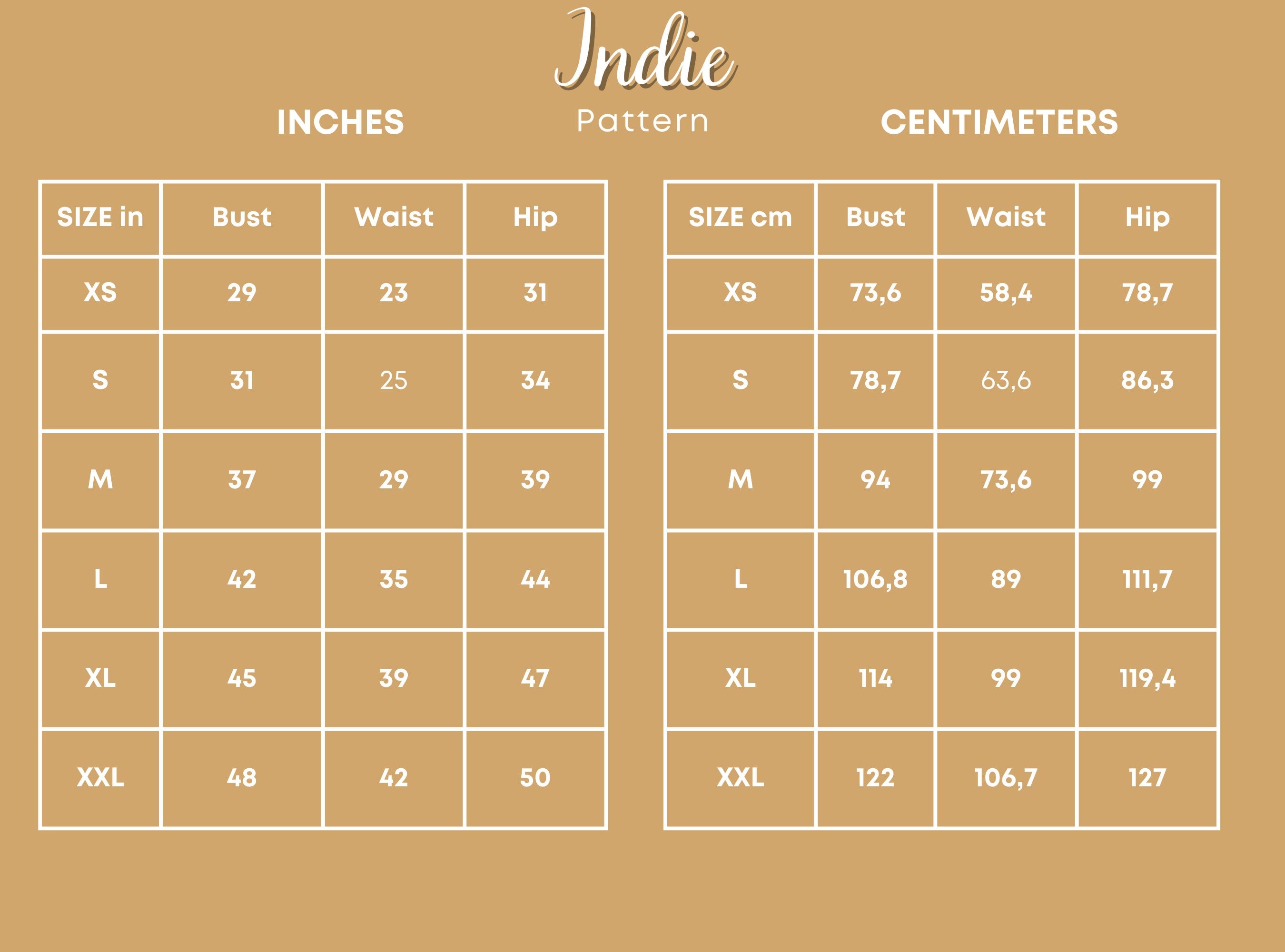 Size Chart of Jumpsuit at Indie Pattern in USA
