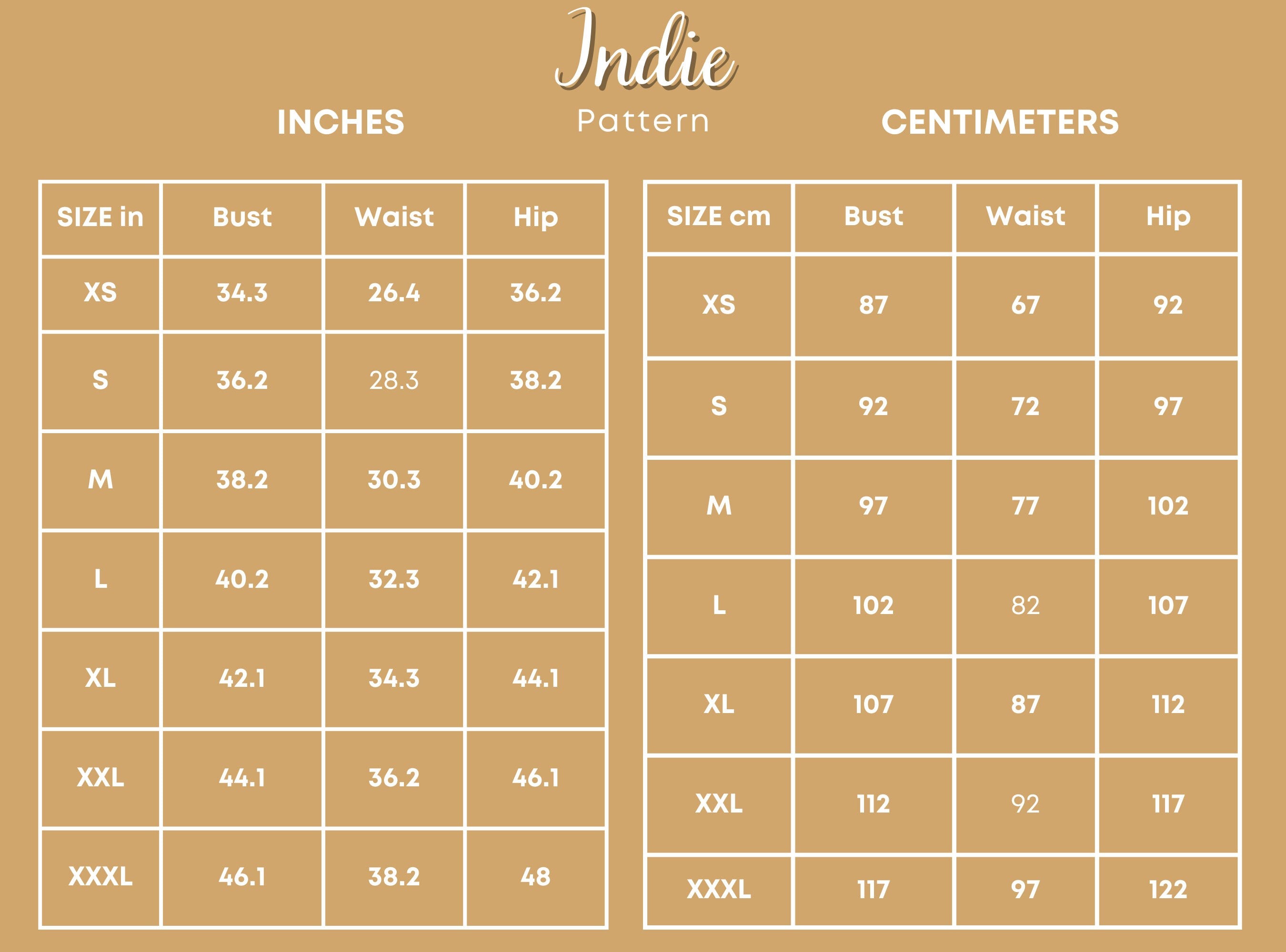 Size Chart of  Fairy Dress at Indie Pattern in USA
