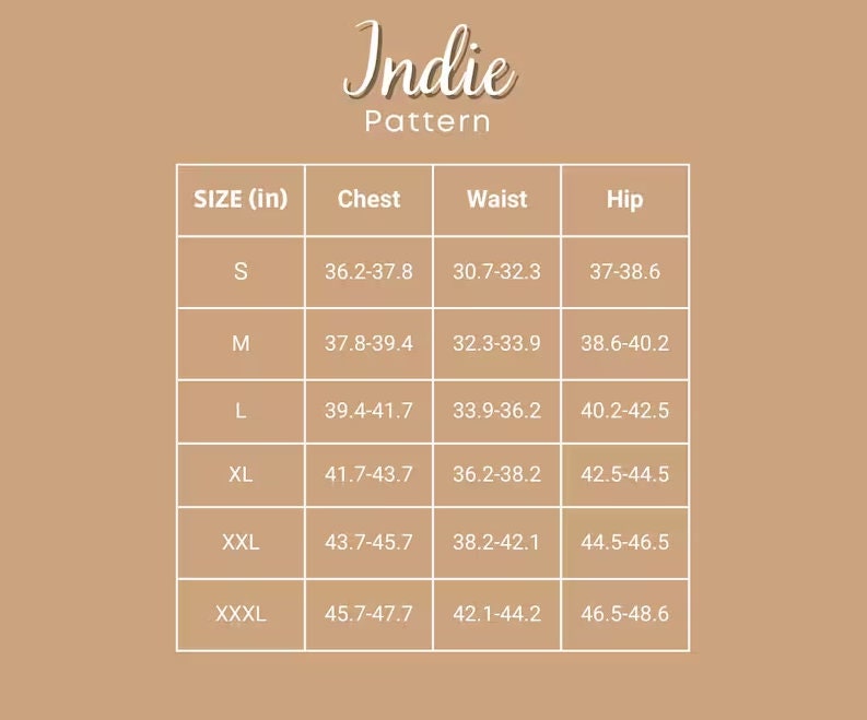 Size Chart at Indie Pattern in USA
