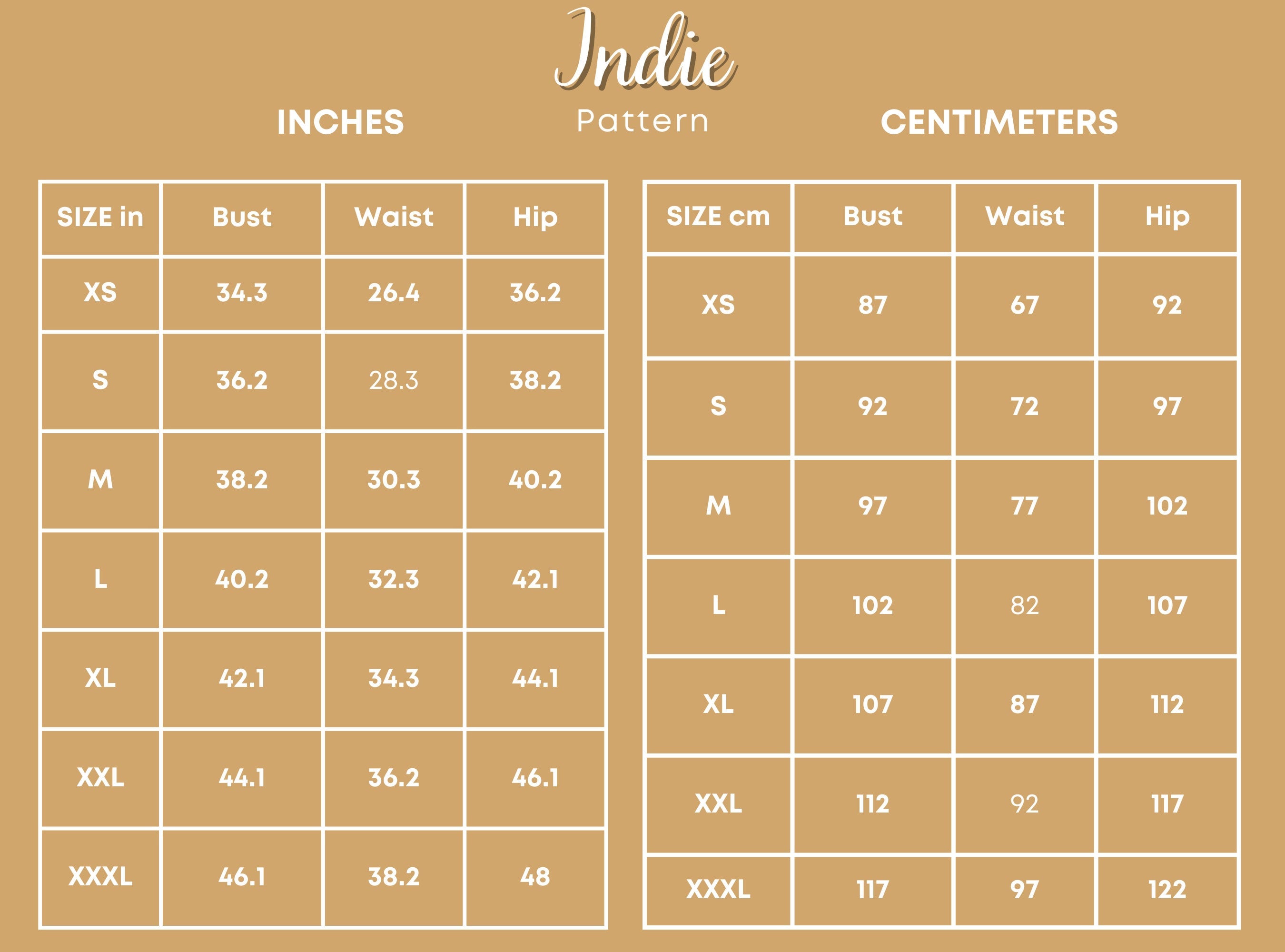 size chart corset top at indie pattern in USA