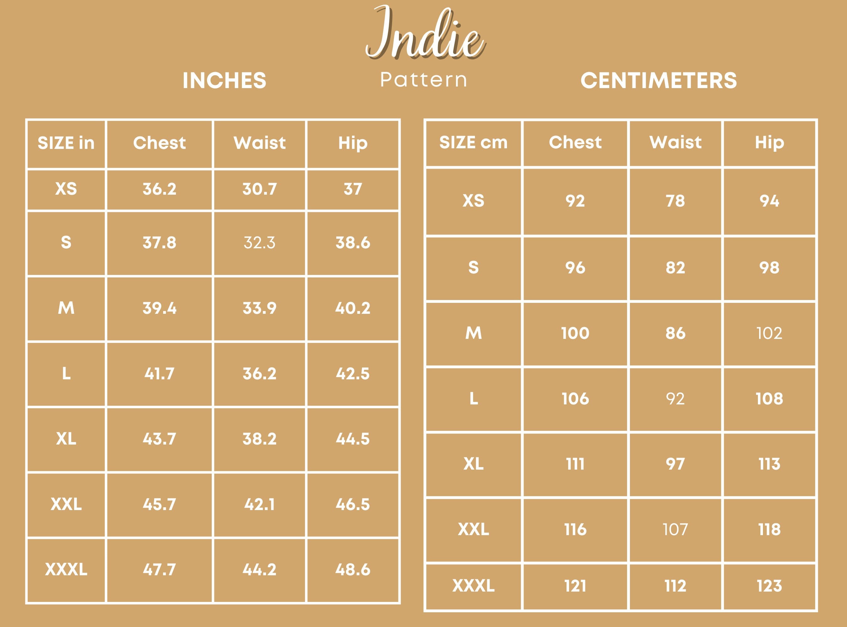 Size Chart of Shirt & Pants at Indie Pattern in USA
