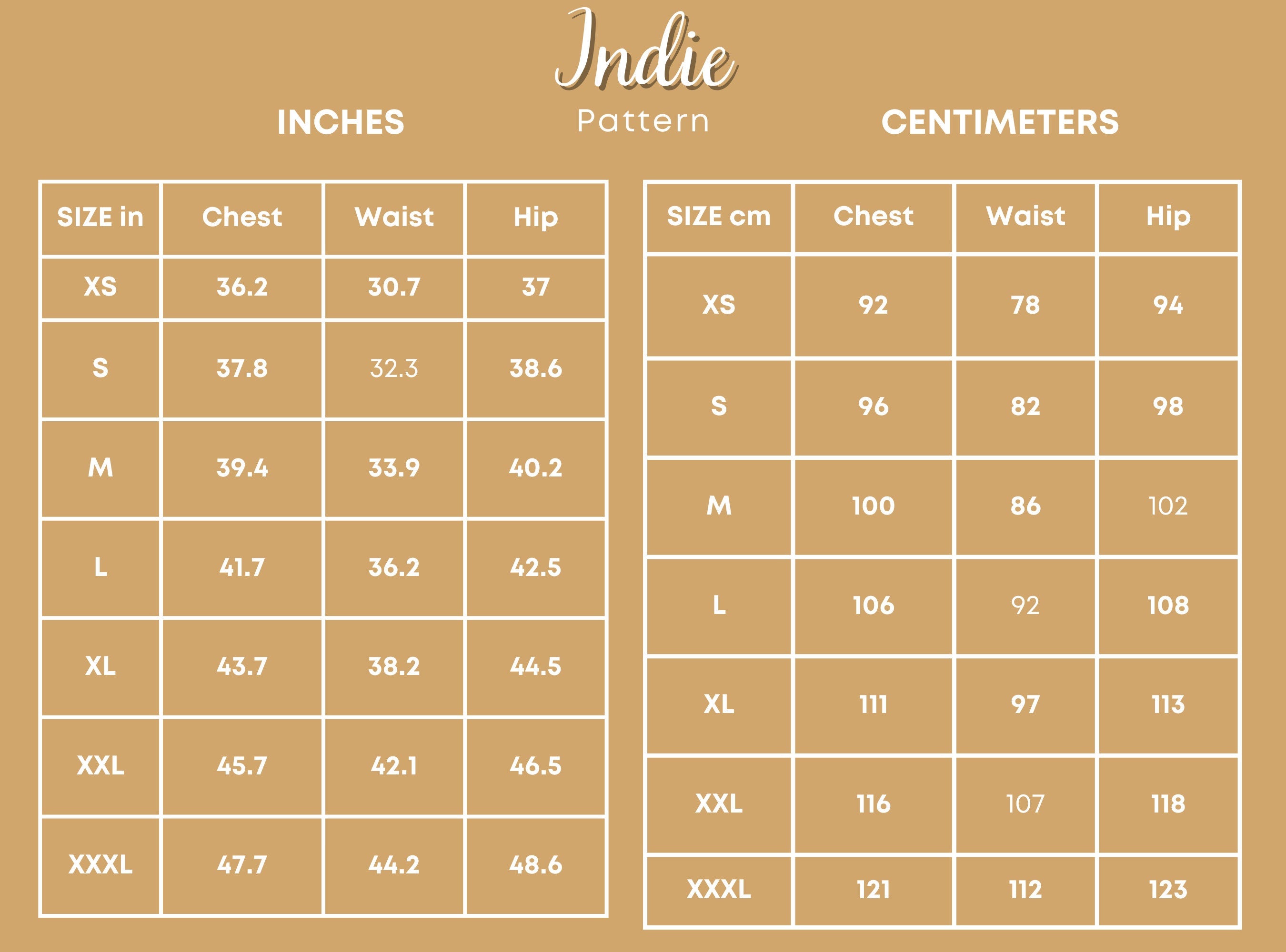 Size Chart of Oliver Shirt at Indie Pattern in USA
