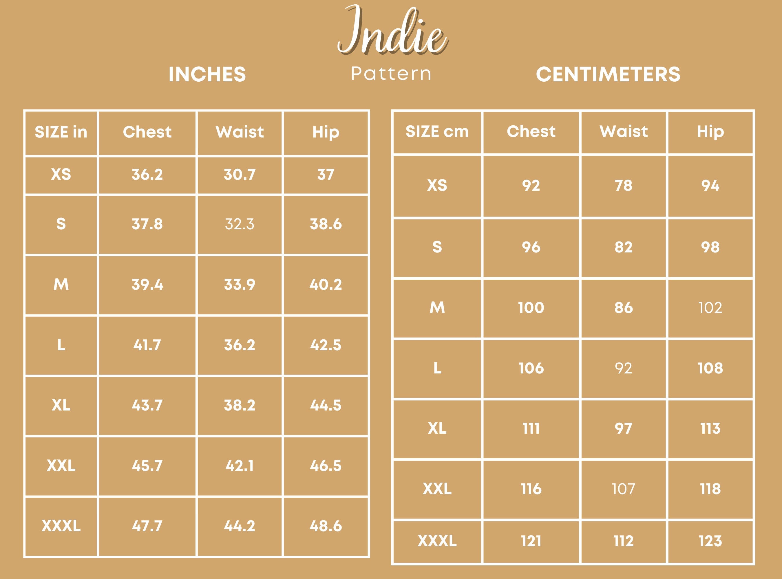 Size Chart of Men's Shirt at Indie Pattern in USA
