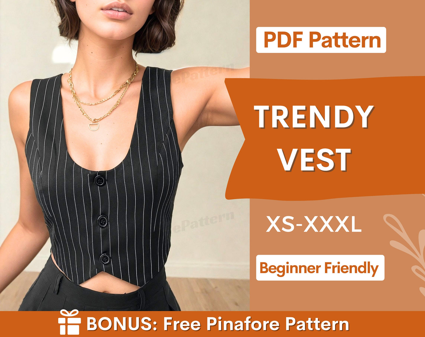 Vest Pattern, XS- XXXL, Sewing Pattern PDF, Women Vest Pattern, Waistcoat pattern, easy pattern, Pdf Pattern Vest, Top sewing pattern