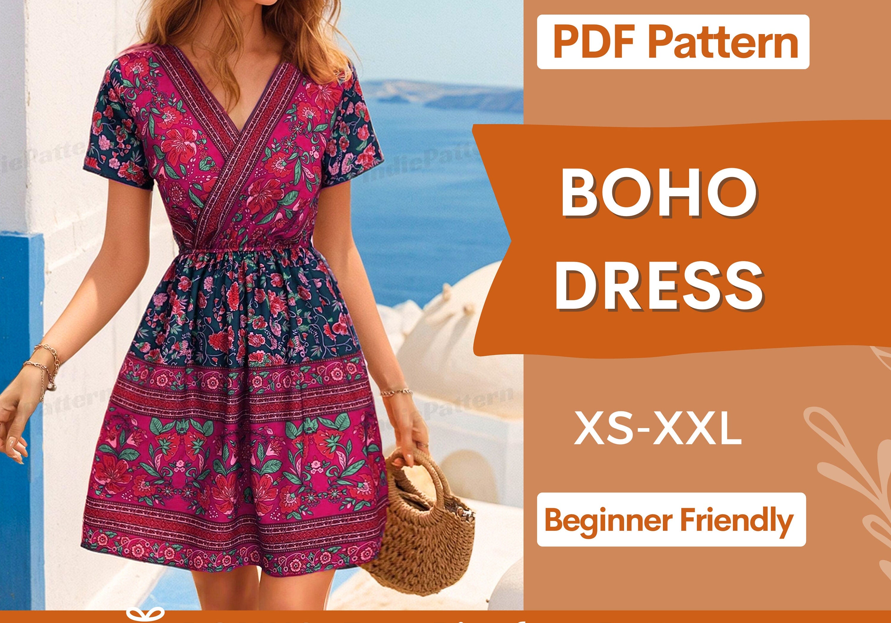 Boho Dress Sewing Pattern Easy Wrap Dress for Women IndiePattern Boho Dress Sewing Pattern Easy Wrap Dress for Women IndiePattern