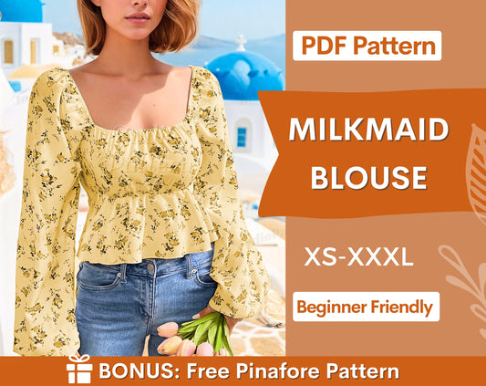 Milkmaid Blouse Pattern, Puff Sleeve Sewing, Milkmaid Top Pattern, Cottagecore Top, Cottagecore Pattern,  Sewing pattern Top, Women top