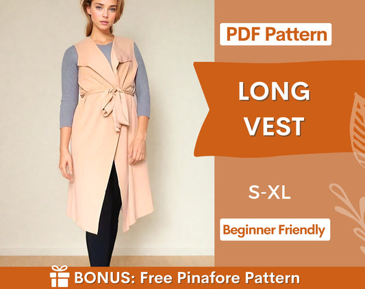 Vest Pattern, Sewing Pattern PDF, Women Vest Pattern, Long Vest pattern, Beginner sewing project, easy pattern, S-XL, PDF Pattern Vest