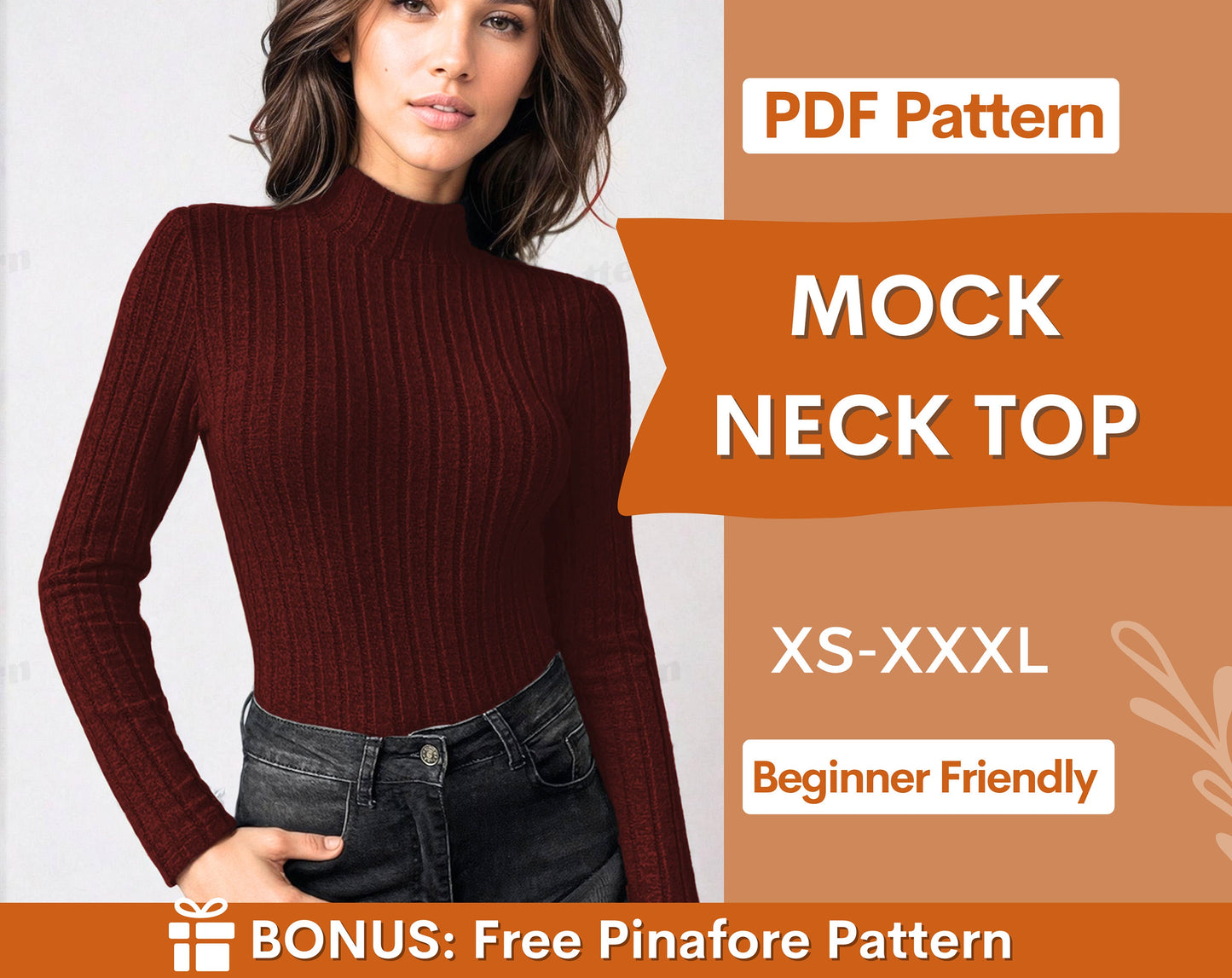 Mock Neck Top Sewing Pattern | Long Sleeve Shirt Top Pattern | Womens mock neck top | Sewing Patterns | Women Patterns | Fitted Top Pattern